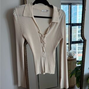 Lush Cream Ribbed Lace-Up Shirt